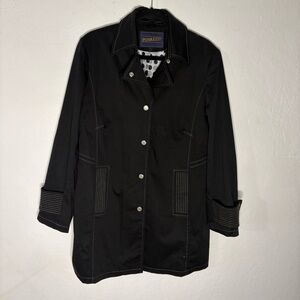 90s Style Pendleton Trench Coat Women 12 Black Striped Cuff Pockets Snaps
